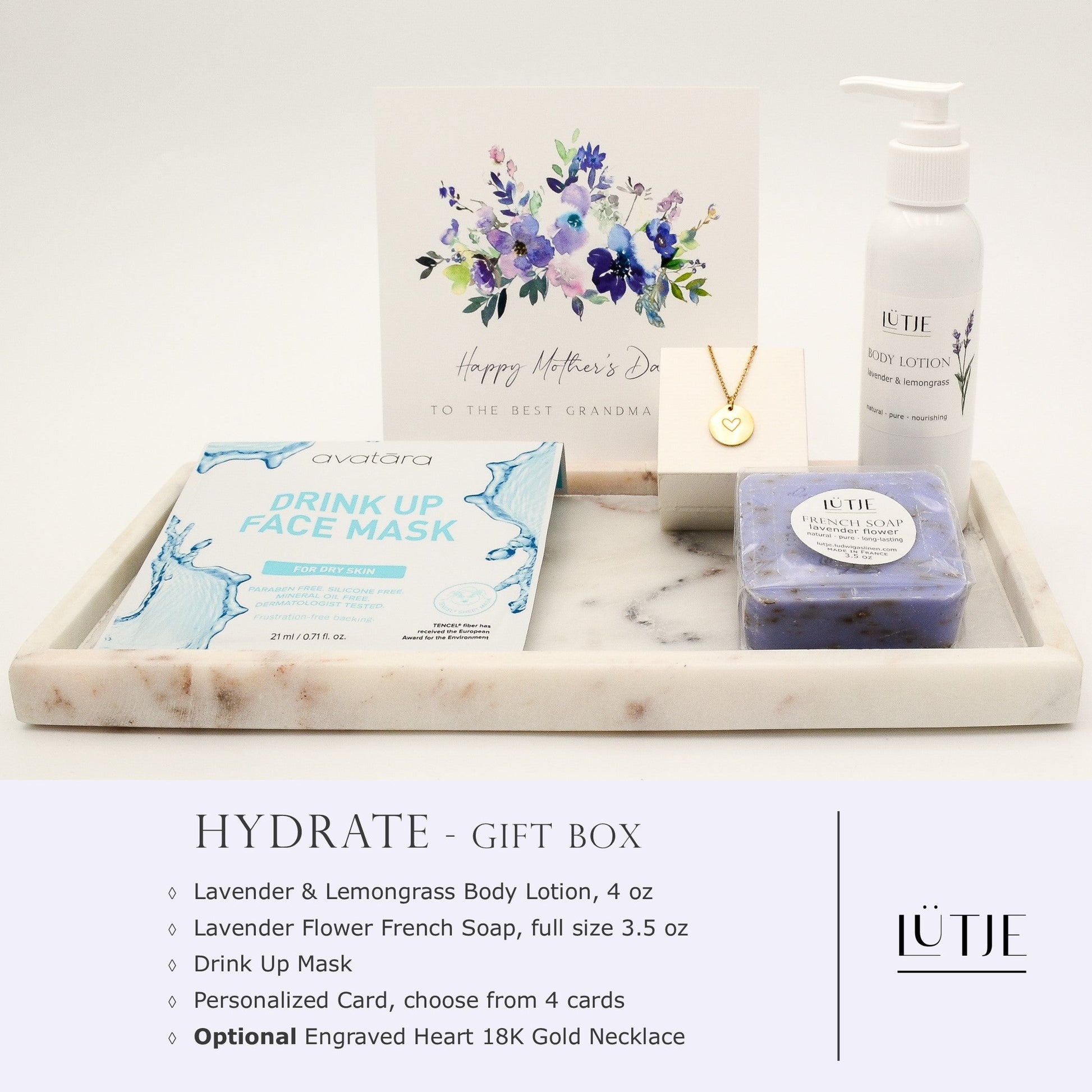 Hydrate Gift Box for women, daughter, mom, BFF, wife, sister or grandma, includes Lavender & Lemongrass body lotion, French soap, hydrating face mask, and optional 18K gold-plated necklace with engraved heart.