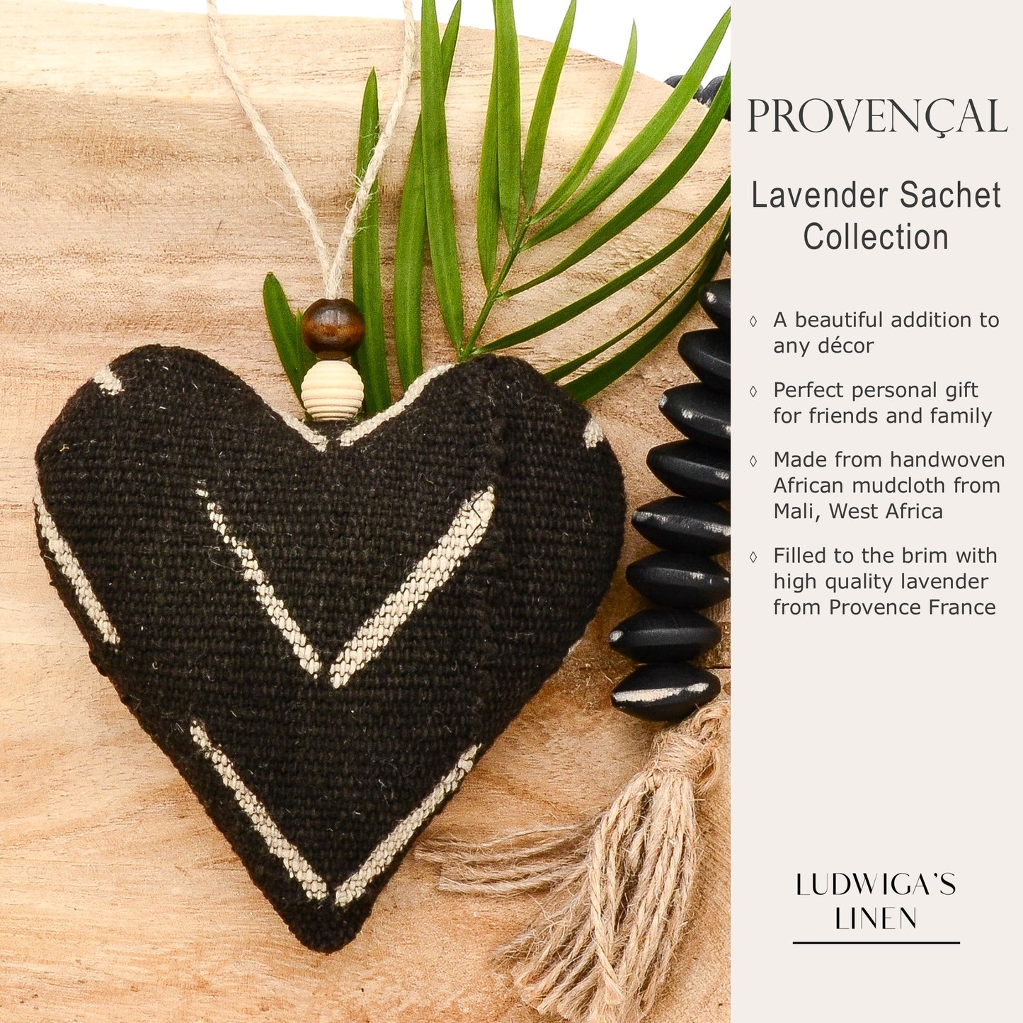 Lavender sachet heart made from handwoven African Mudcloth cotton, hemp twine tie with wooden beads, and filled with high quality lavender from Provence France