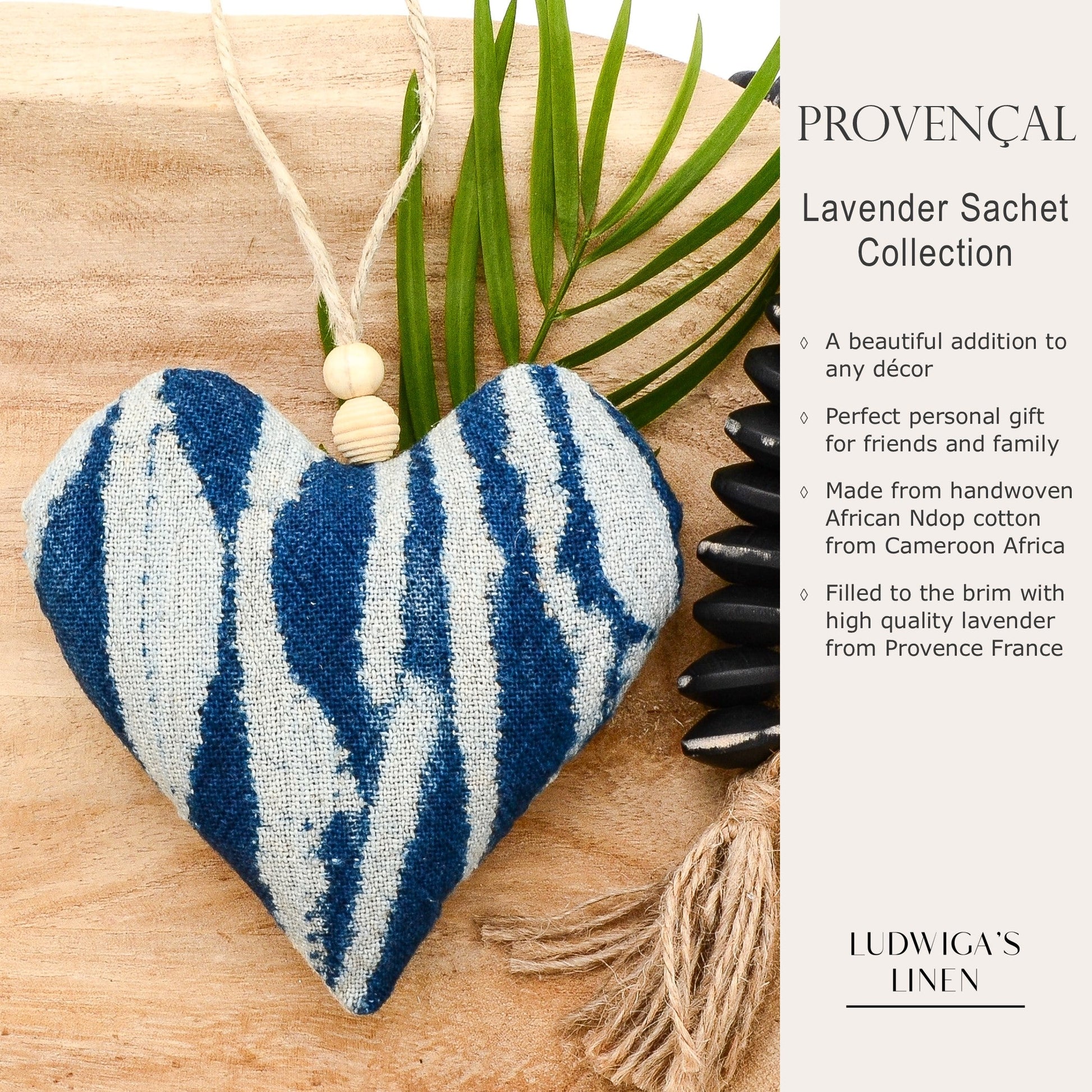 Lavender sachet heart made from handwoven African Ndop cotton, hemp twine tie with wooden beads, and filled with high quality lavender from Provence France