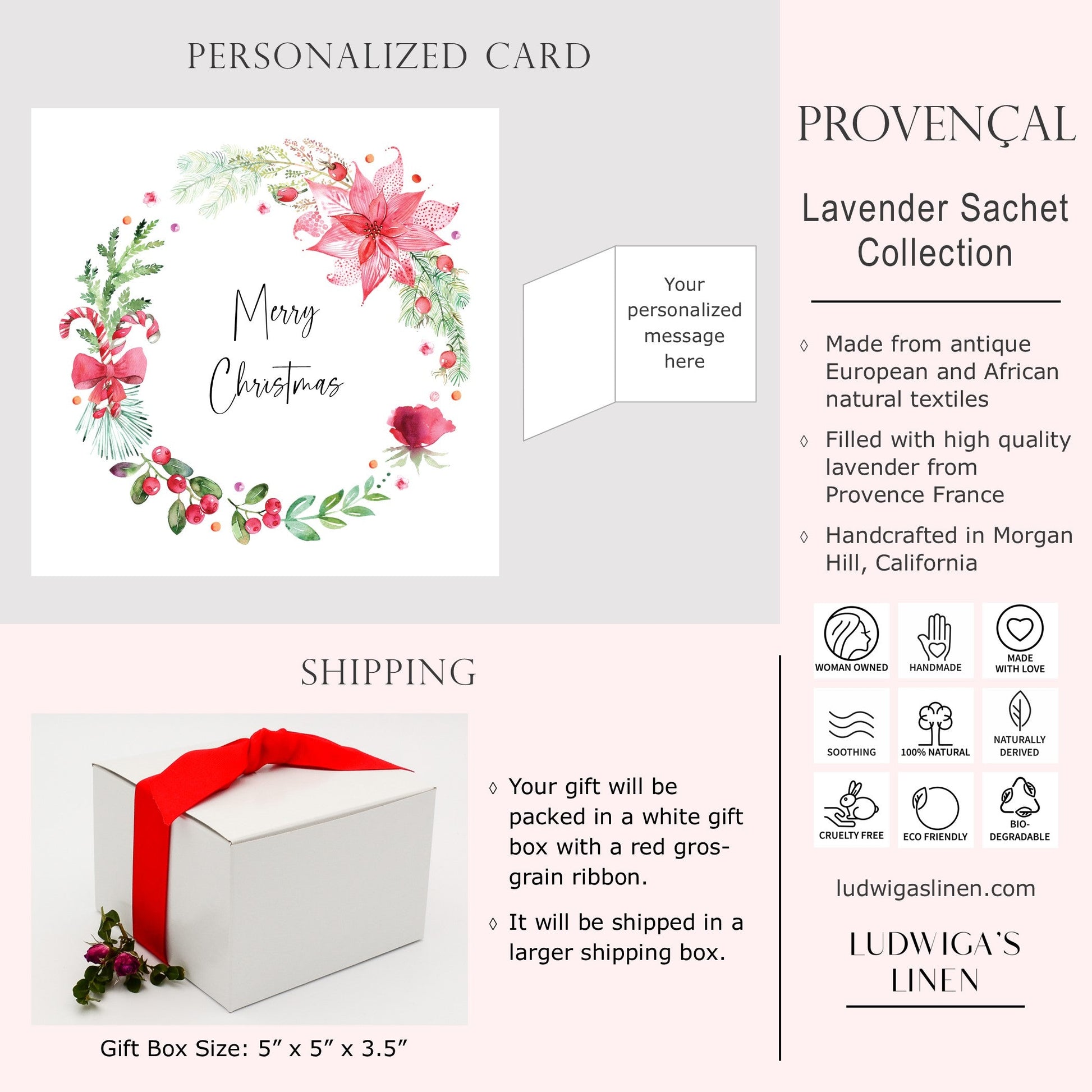 Optional gift box with red gros grain ribbon, personalized card, shipping and general information about Ludwiga's Linen Provençal sachet collection