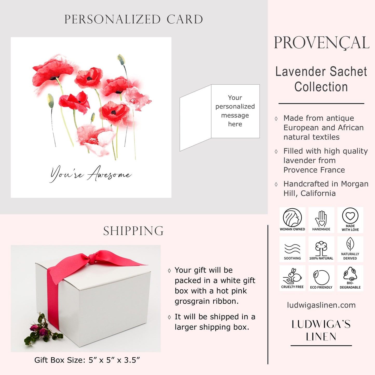 Gift box with hot pink gros grain ribbon, personalized card, shipping and general information about Ludwiga's Linen Provençal sachet collection and shipping information