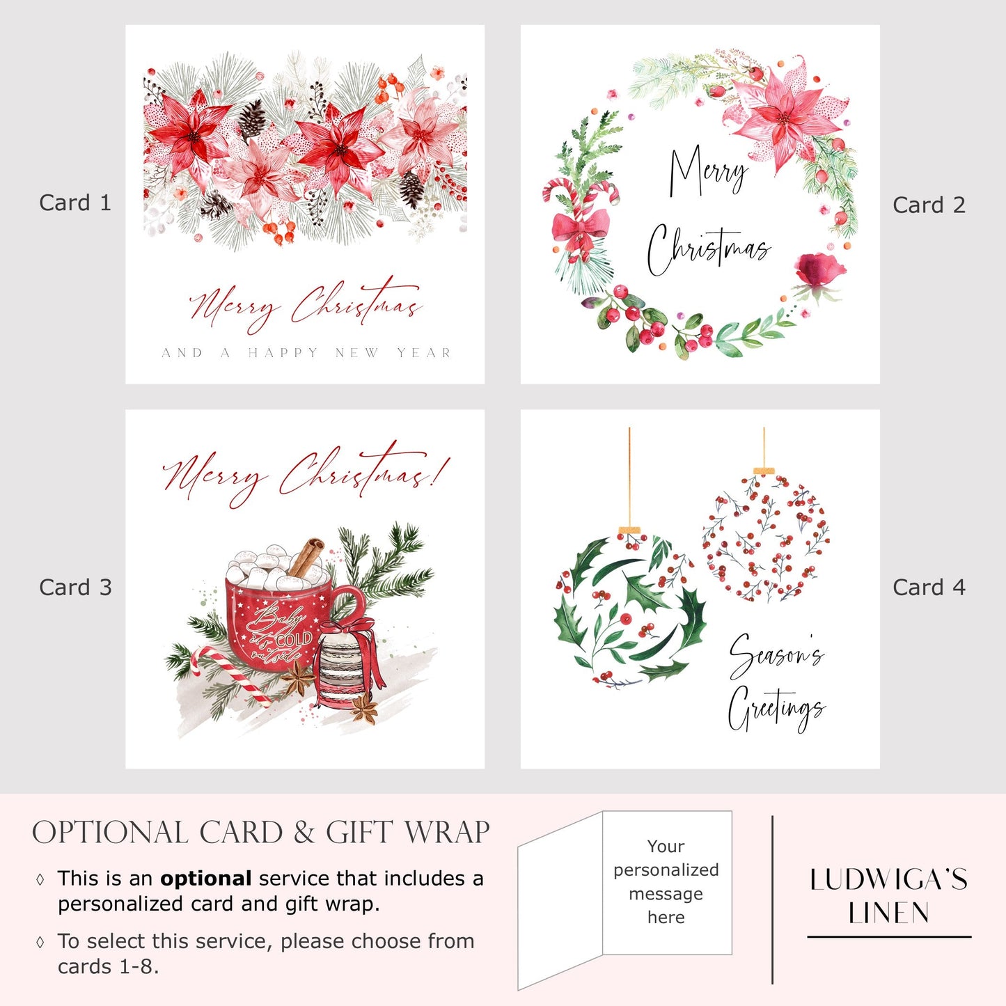 Optional gift box and selection of eight greeting cards, each of which may be personalized