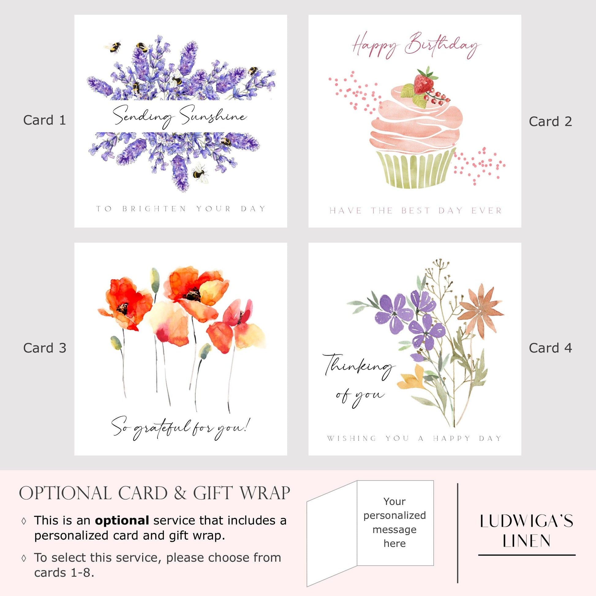 Optional gift box and selection of eight greeting cards, each of which may be personalized