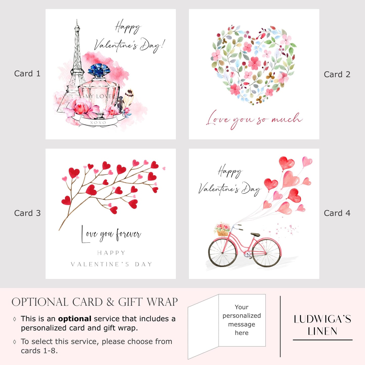 Optional gift box and selection of eight Valentine's Day cards, each of which may be personalized