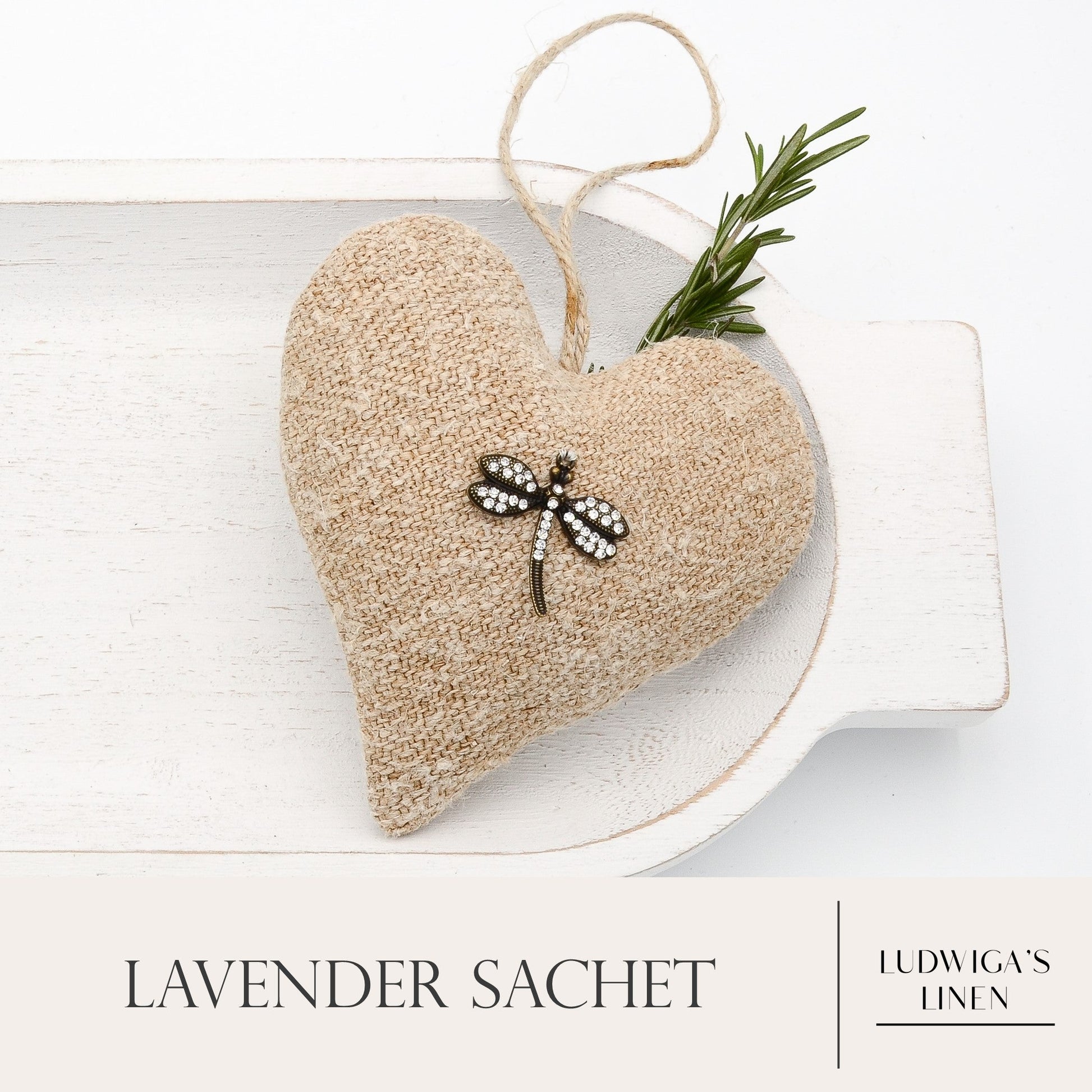 Lavender sachet heart made from antique European grain sack linen, charm, hemp twine tie, and filled with high quality lavender from Provence France
