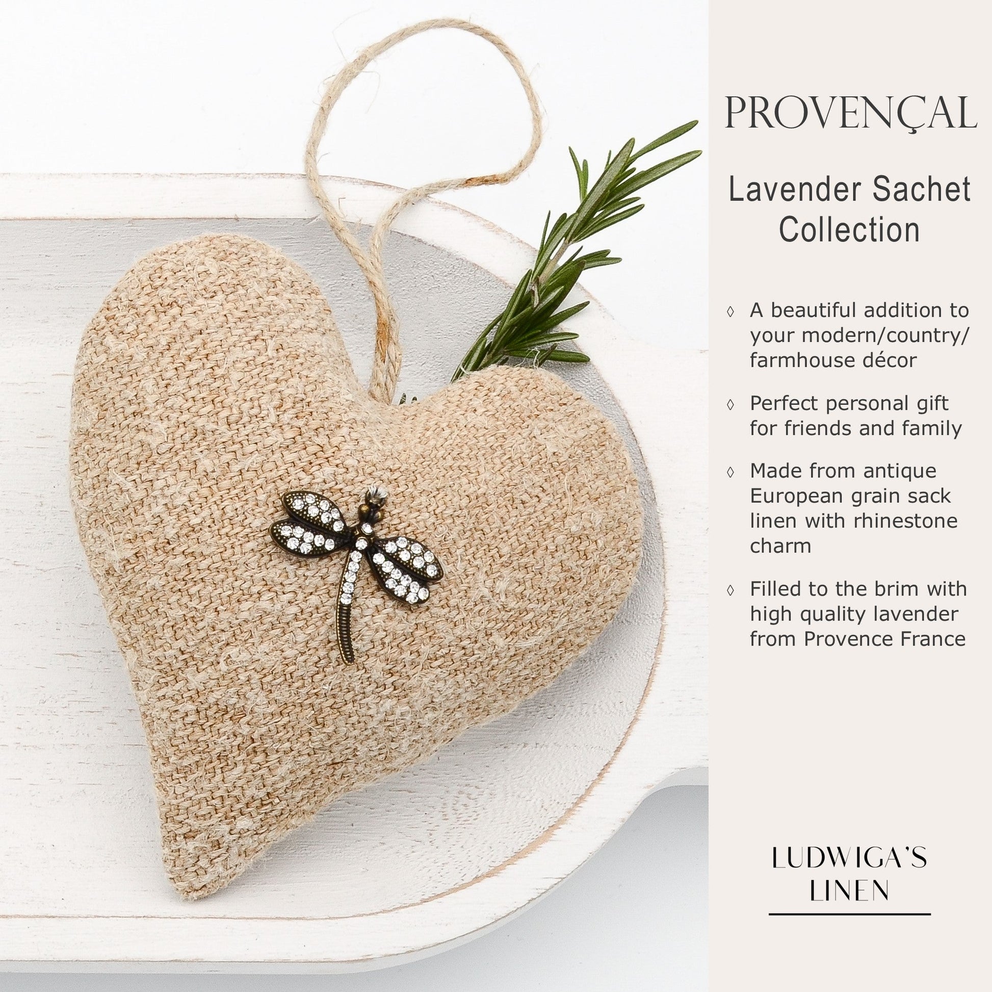 Lavender sachet heart made from antique European grain sack linen, charm, hemp twine tie, and filled with high quality lavender from Provence France
