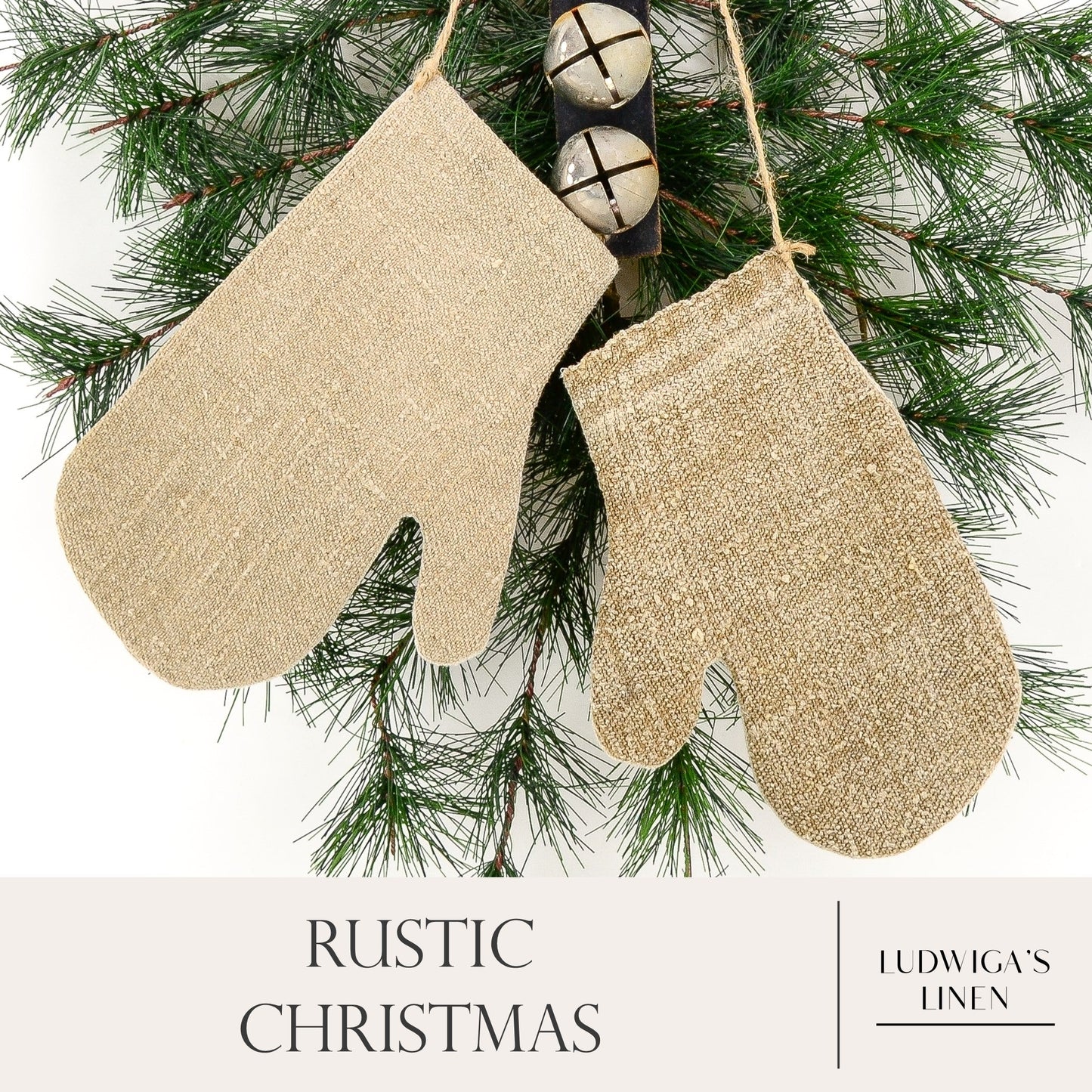Christmas/holiday ornament - two antique European grain sack linen mittens fastened together with twine