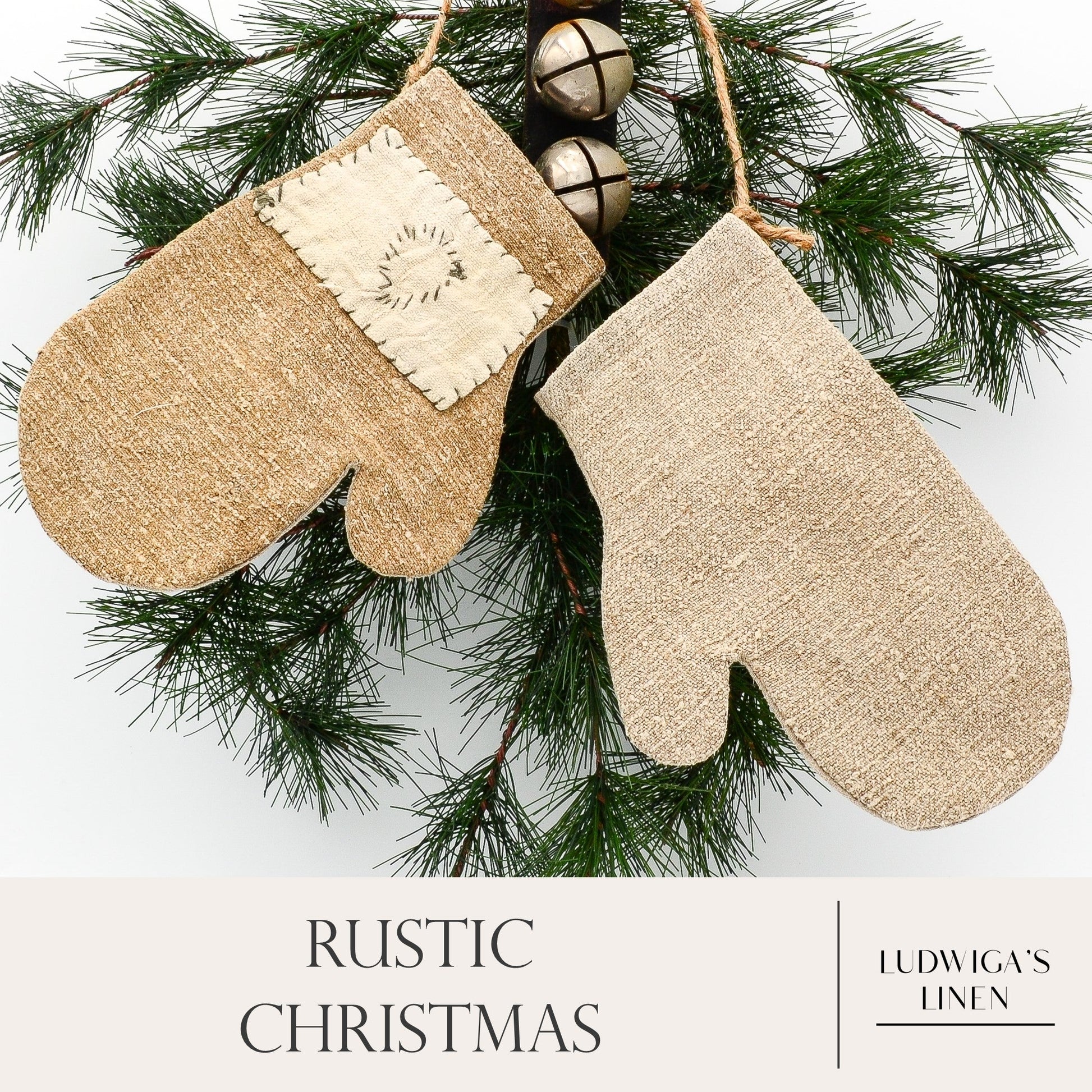 Christmas/holiday ornament - two antique European grain sack linen mittens fastened together with twine