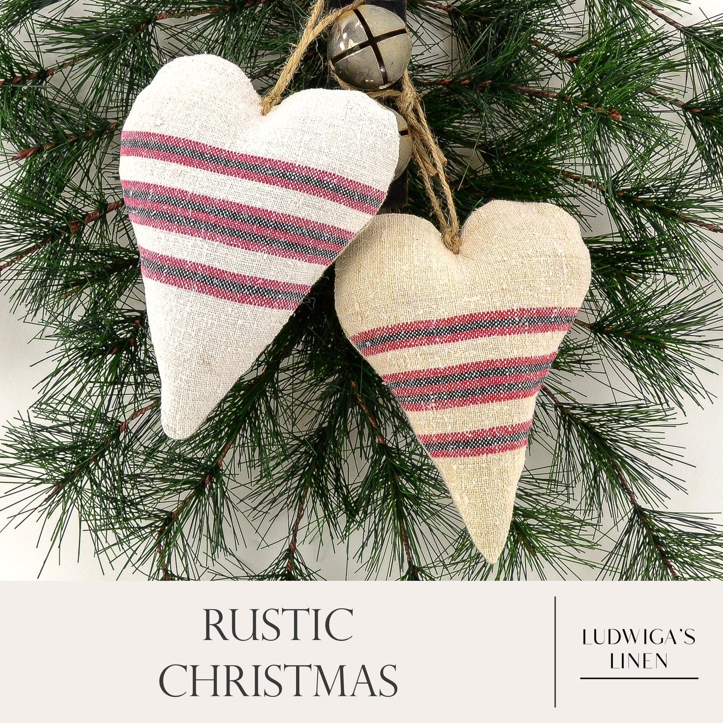 Christmas/holiday ornament - two antique European grain sack linen hearts fastened together with twine