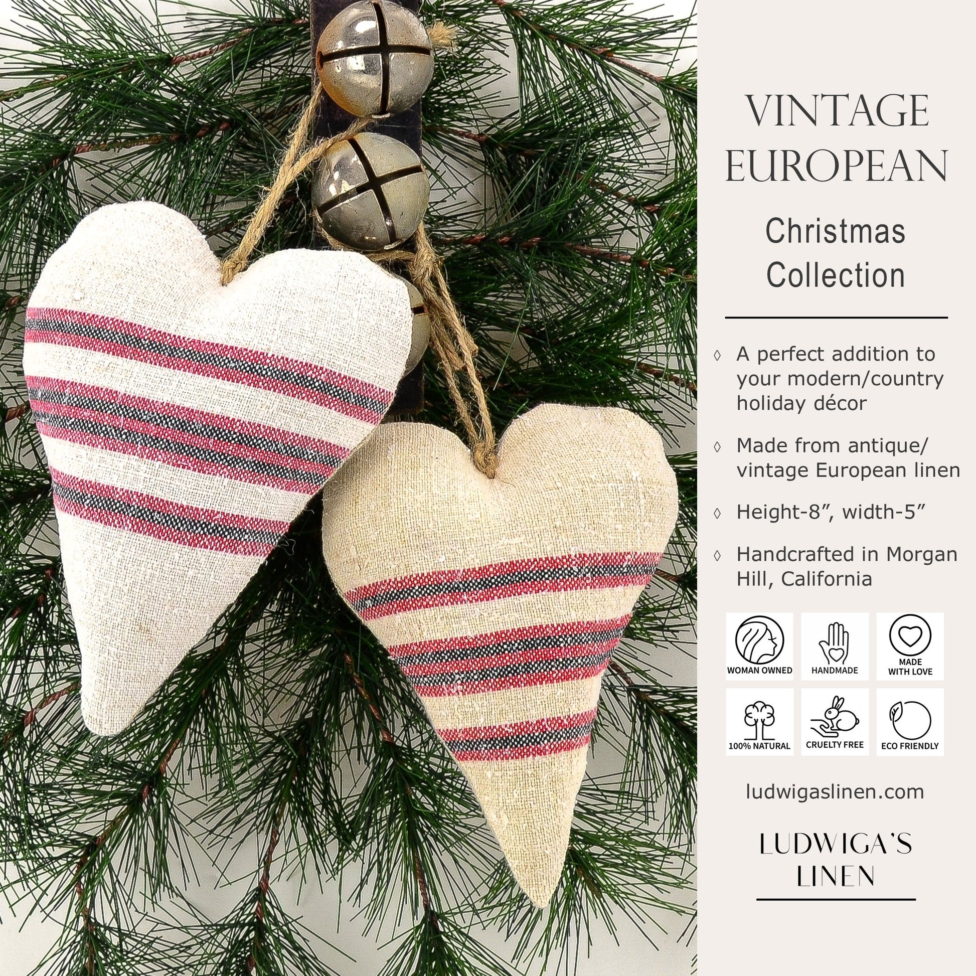 Christmas/holiday ornament - two antique European grain sack linen hearts fastened together with twine