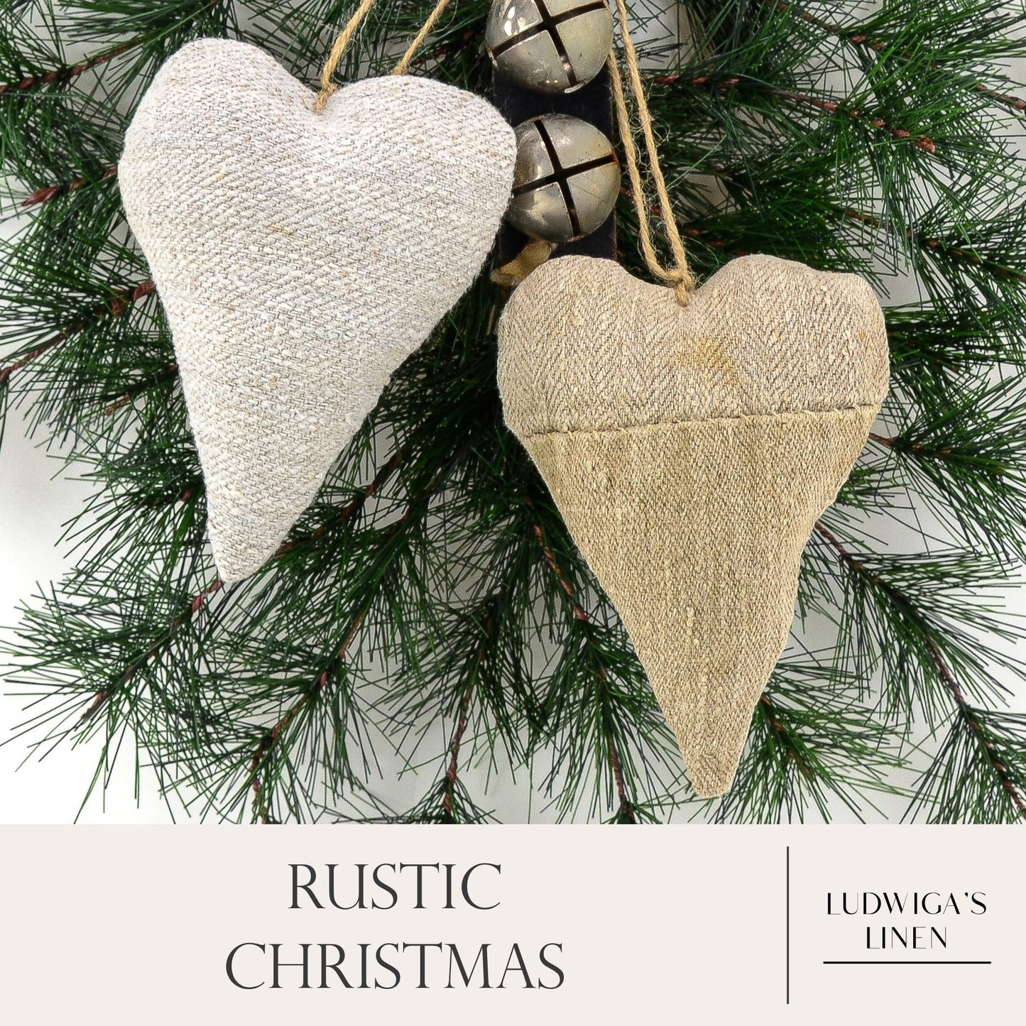 Christmas/holiday ornament - two antique European grain sack linen hearts fastened together with twine