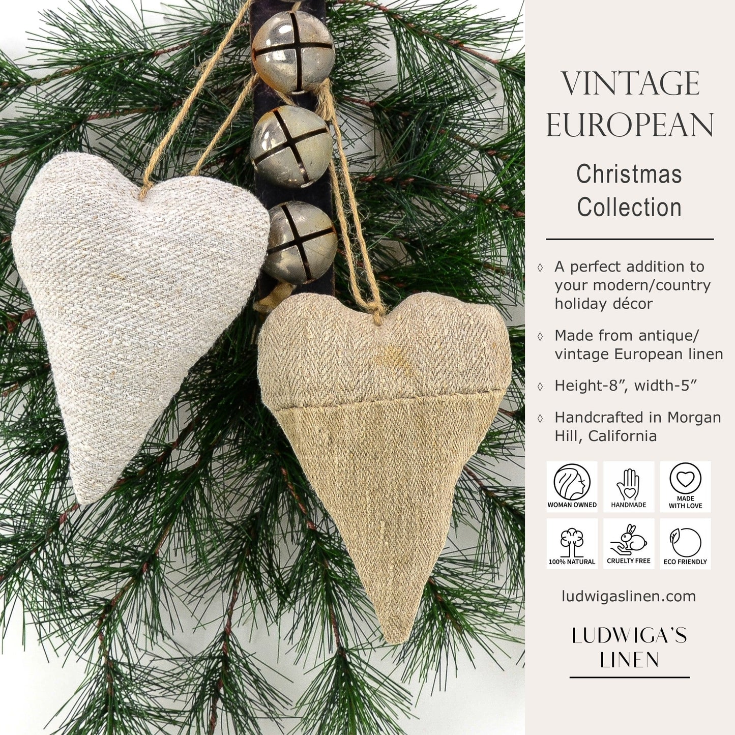 Christmas/holiday ornament - two antique European grain sack linen hearts fastened together with twine