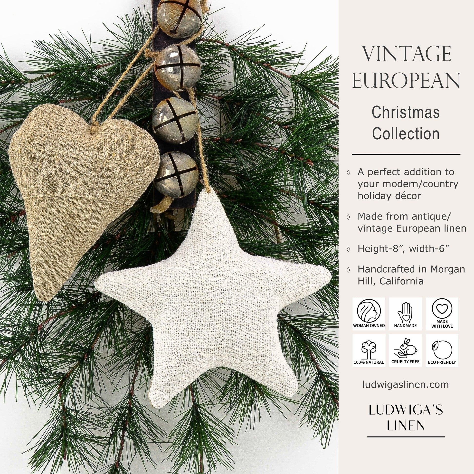 Christmas/holiday ornament - antique European grain sack linen heart and star fastened together with twine