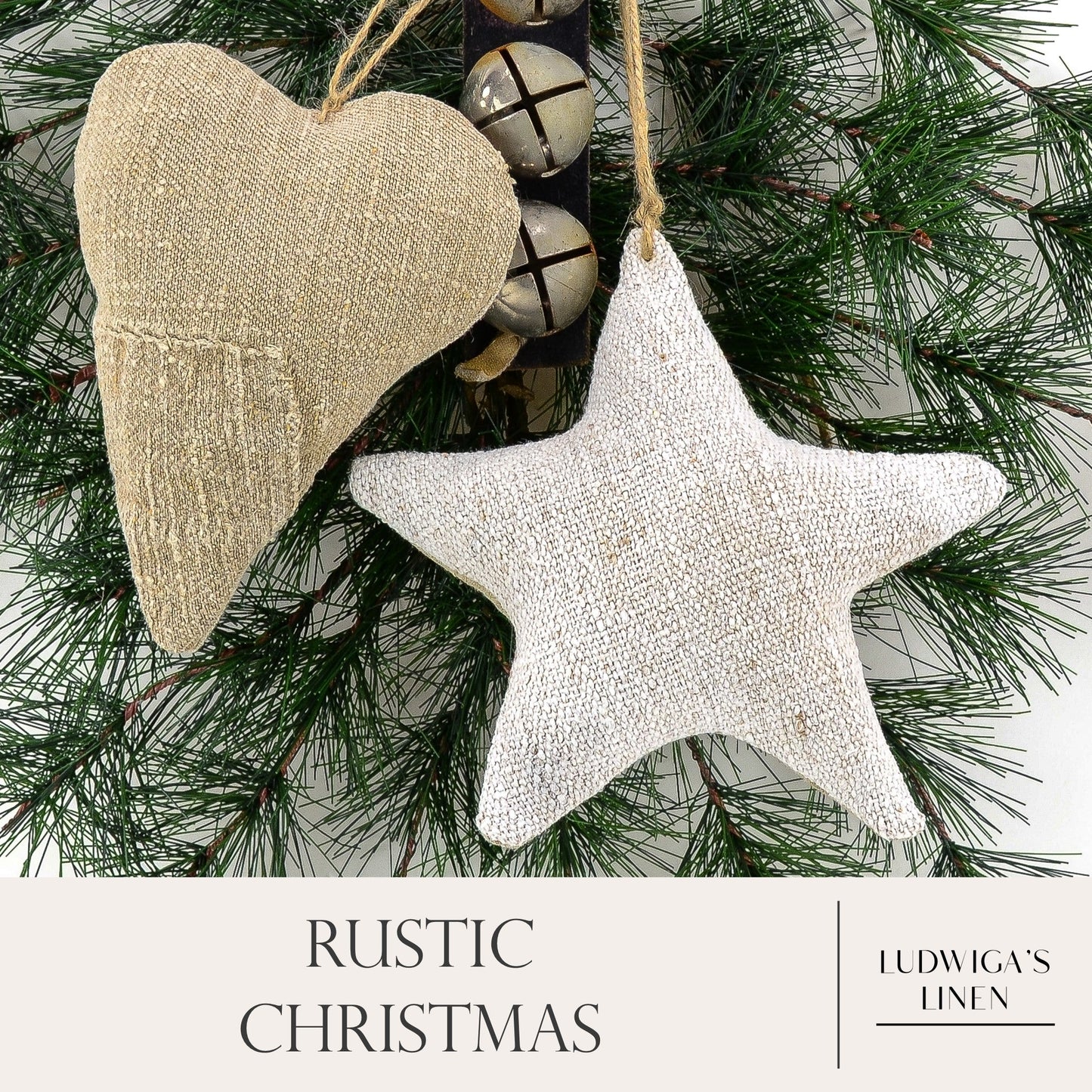 Christmas/holiday ornament - antique European grain sack linen heart and star fastened together with twine