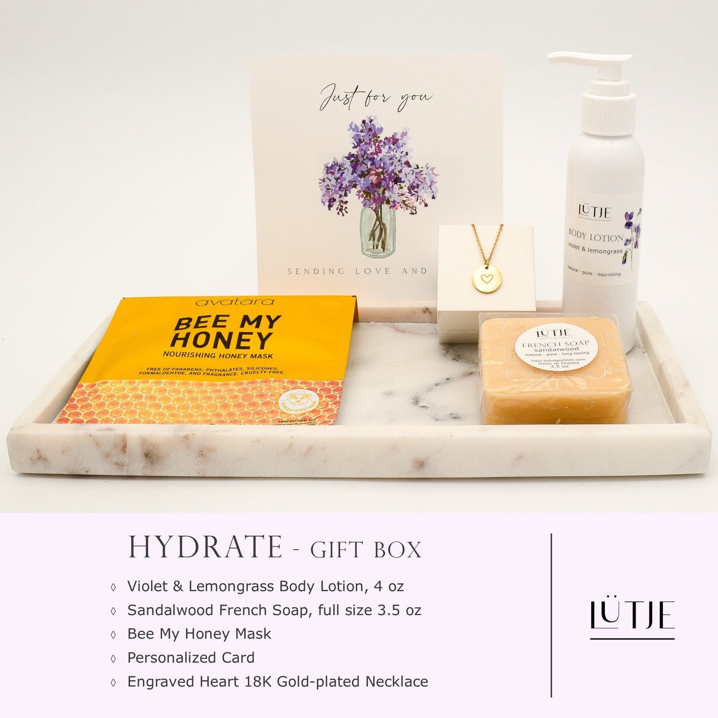 Hydrate Gift Box for women, daughter, mom, BFF, wife, sister or grandma, includes Violet & Lemongrass body lotion, French soap, hydrating face mask, and optional 18K gold-plated necklace with engraved heart.