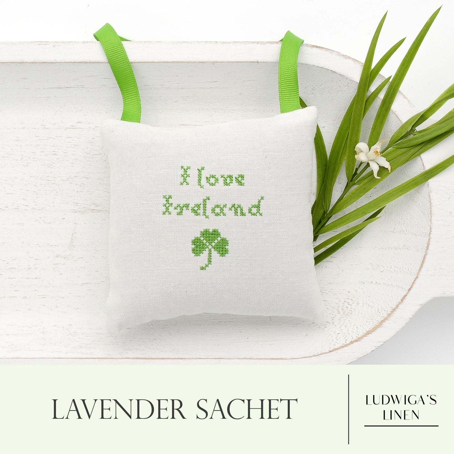 Antique/vintage French/German linen lavender sachet square, green gros grain ribbon tie and filled with high quality lavender from Provence France