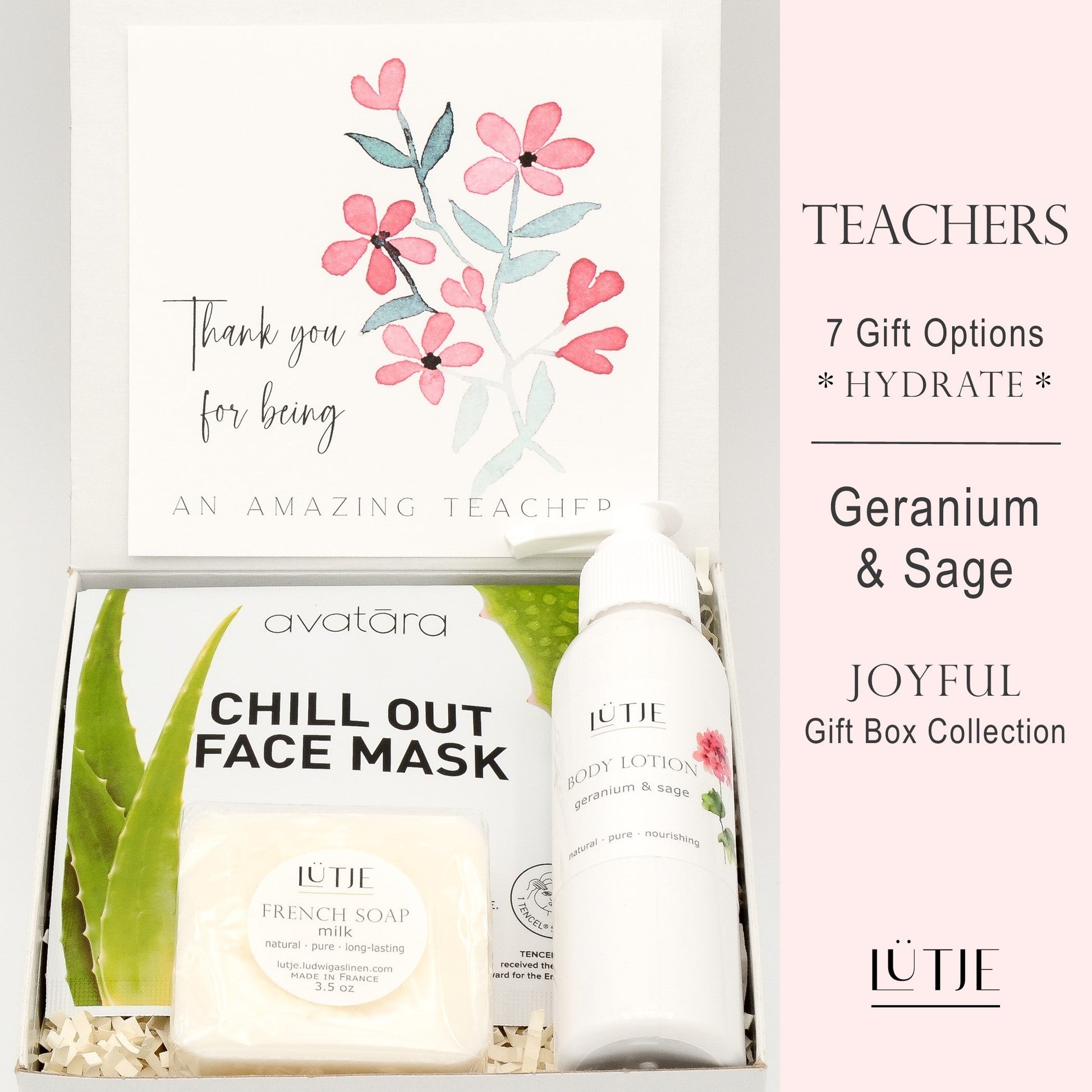 Gift Box for women, wife, daughter, BFF, sister, mom, or grandma, includes Geranium & Sage hand lotion spray and body lotion, essential oil, lip balm, soothing muscle balm, Bergamot & Pear room & linen spray, French soap, French bath salts, hydrating face mask, other bath, spa and self-care items, and 18K gold-plated necklace with engraved heart.