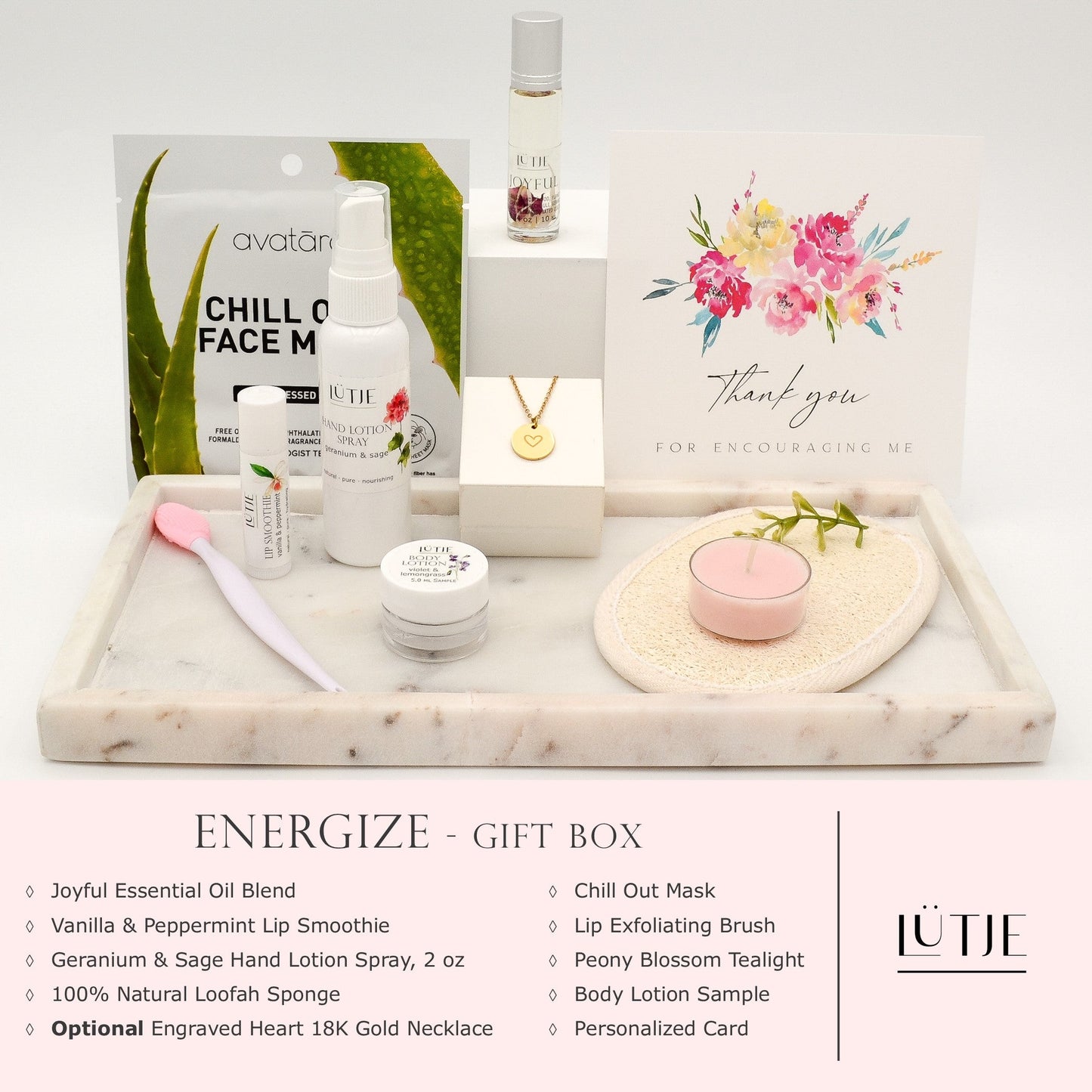 Energize Gift Box for women, BFF, wife, daughter, sister, mom, or grandma, includes Geranium & Sage hand lotion spray, essential oil, lip balm, hydrating face mask, other bath, spa and self-care items, and 18K gold-plated necklace with engraved heart.