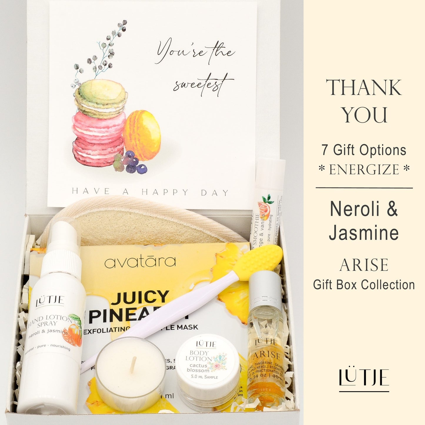 Gift Box for women, wife, daughter, BFF, sister, mom, or grandma, includes Neroli & Jasmine hand lotion spray and body lotion, essential oil, lip balm, soothing muscle balm, Bergamot & Pear room & linen spray, French soap, French bath salts, hydrating face mask, other bath, spa and self-care items, and 18K gold-plated necklace with engraved heart.