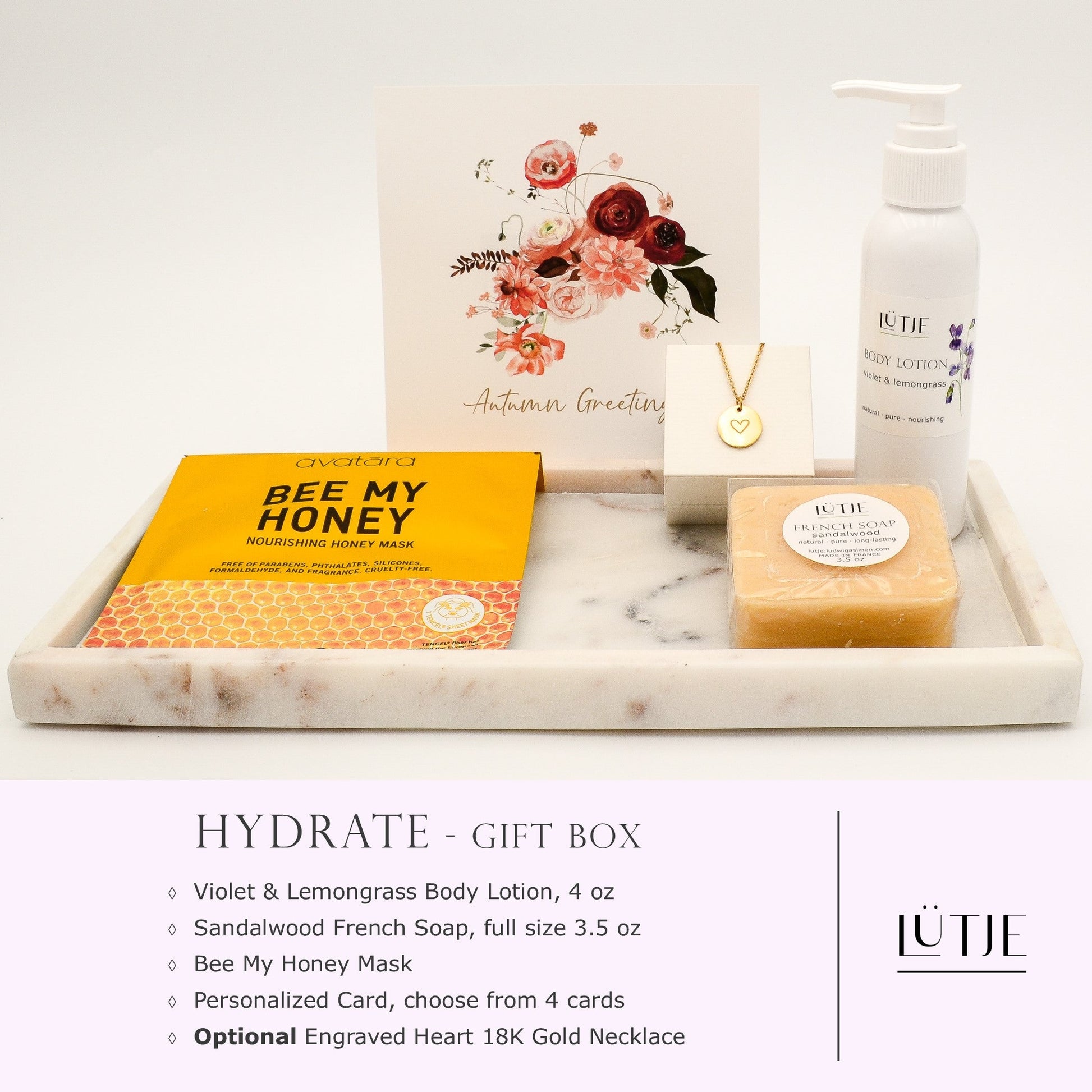 Hydrate Gift Box for women, daughter, mom, BFF, wife, sister or grandma, includes Violet & Lemongrass body lotion, French soap, hydrating face mask, and optional 18K gold-plated necklace with engraved heart.