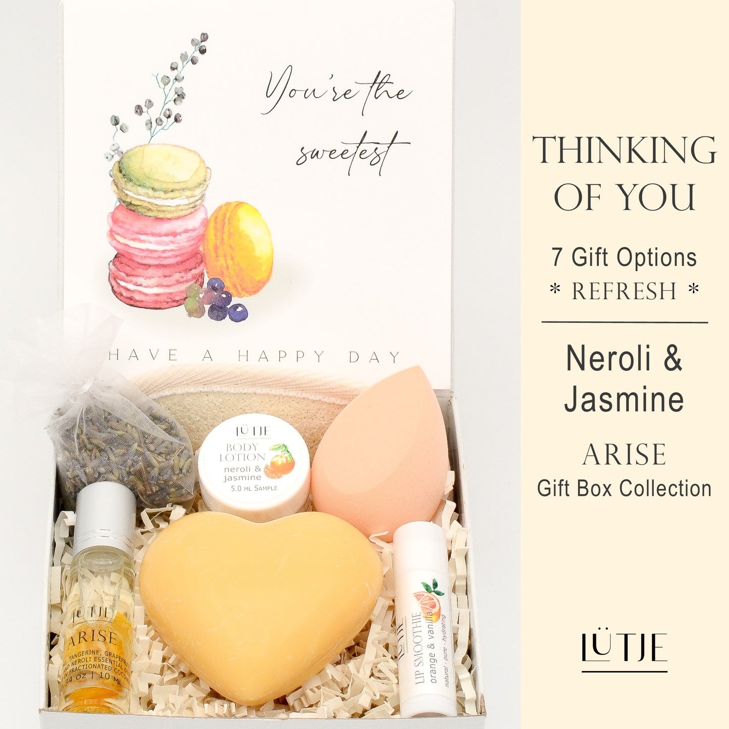 Gift Boxes for women, wife, daughter, BFF, sister, mom, or grandma, includes Neroli & Jasmine hand lotion spray and body lotion, essential oil, lip balm, soothing muscle balm, Bergamot & Pear room & linen spray, French soap, French bath salts, hydrating face mask, other bath, spa and self-care items, and 18K gold-plated necklace with engraved heart.