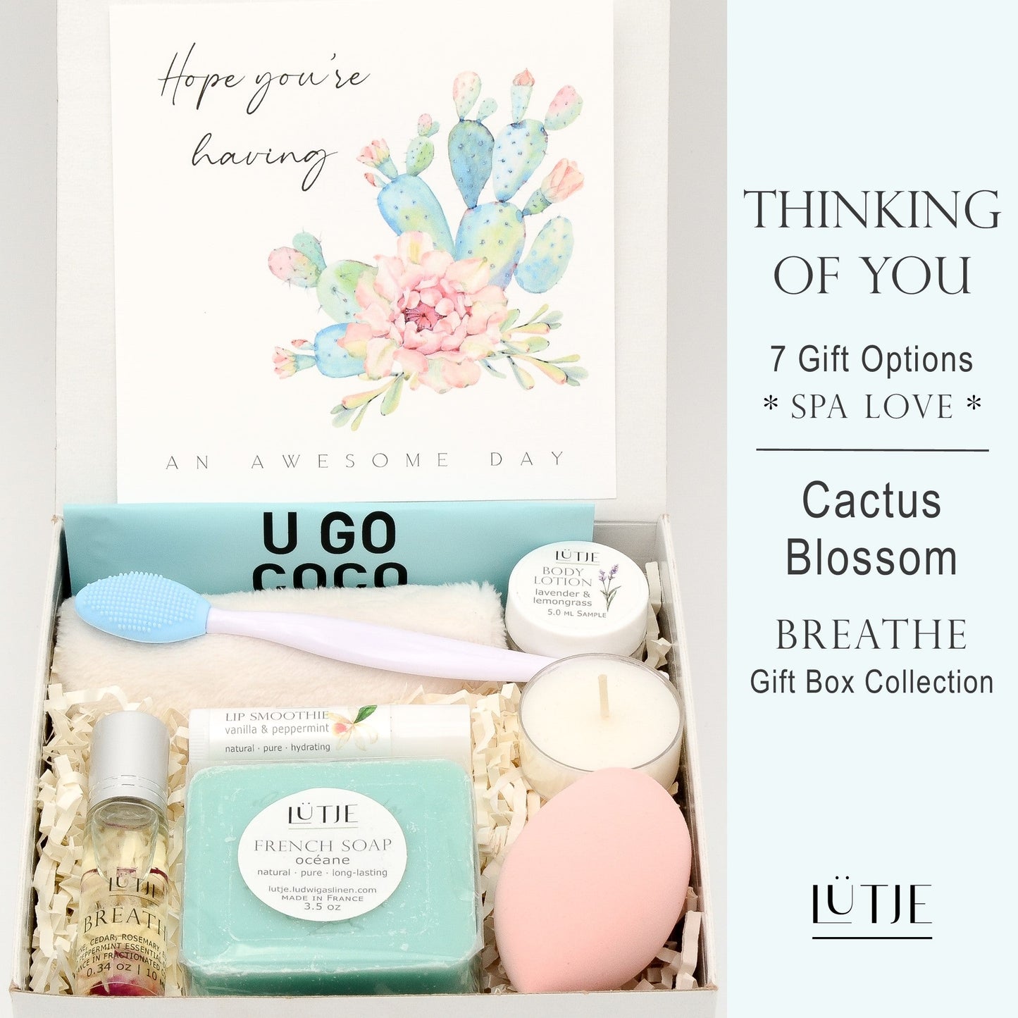 Gift Boxes for women, wife, daughter, BFF, sister, mom, or grandma, includes Cactus Blossom hand lotion spray and body lotion, essential oil, lip balm, soothing muscle balm, Lavender & Chamomile room & linen spray, French soap, French bath salts, hydrating face mask, other bath, spa and self-care items, and 18K gold-plated necklace with engraved heart.