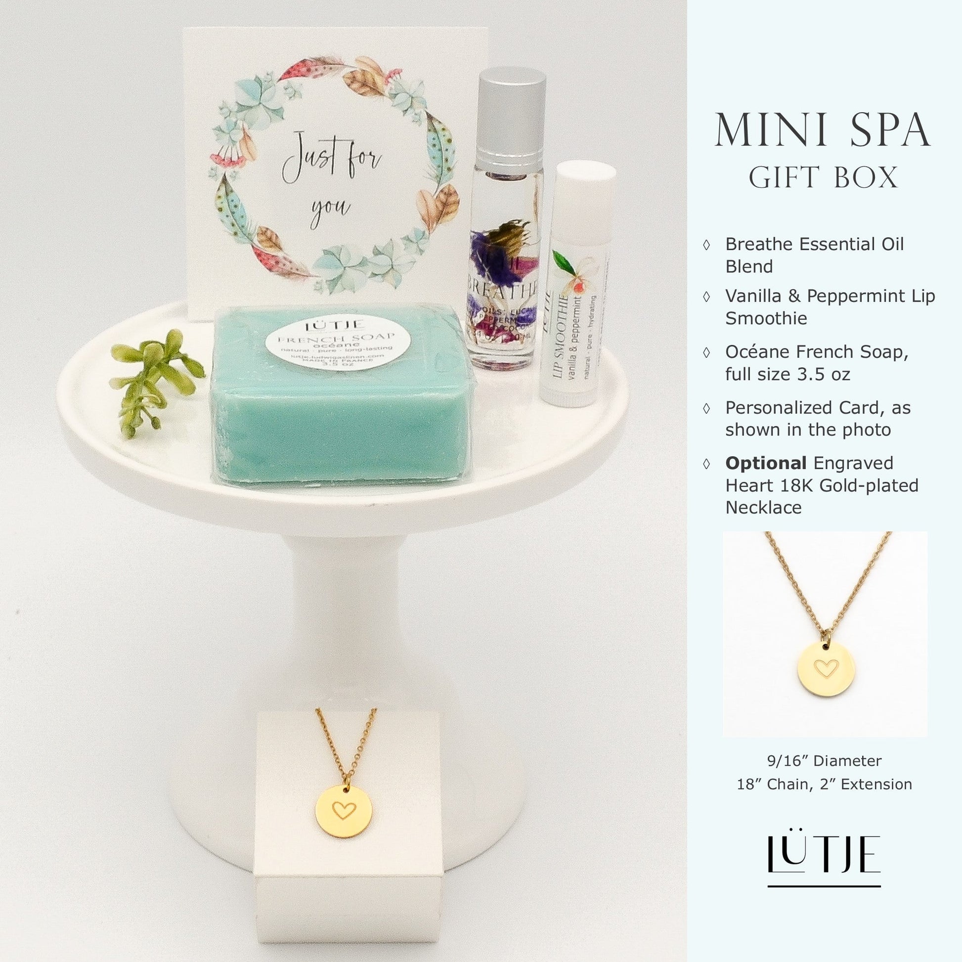 Mini Spa Gift Box for women, sister, daughter, mom, BFF, wife or grandma, includes essential oil, French soap, lip balm, and 18K gold-plated necklace with engraved heart.