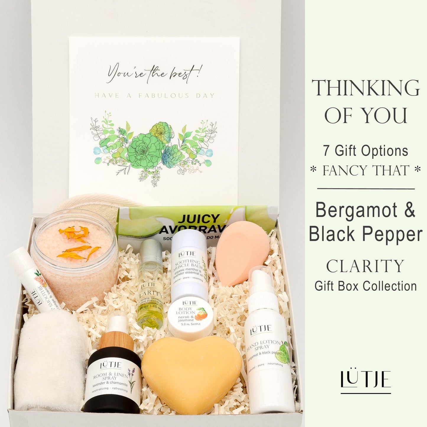 Gift Boxes for women, wife, daughter, BFF, sister, mom, or grandma, includes Bergamot & Black Pepper hand lotion spray and body lotion, essential oil, lip balm, soothing muscle balm, Lavender & Chamomile room & linen spray, French soap, French bath salts, hydrating face mask, other bath, spa and self-care items, and 18K gold-plated necklace with engraved heart.