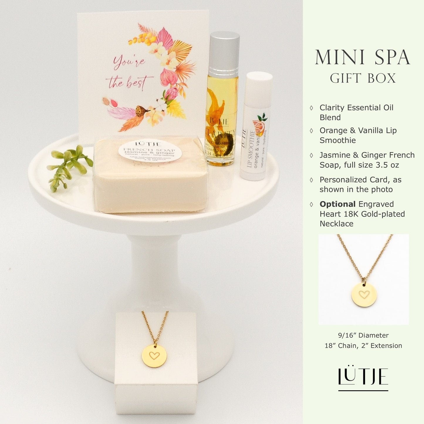 Mini Spa Gift Box for women, sister, daughter, mom, BFF, wife or grandma, includes essential oil, French soap, lip balm, and optional 18K gold-plated necklace with engraved heart.