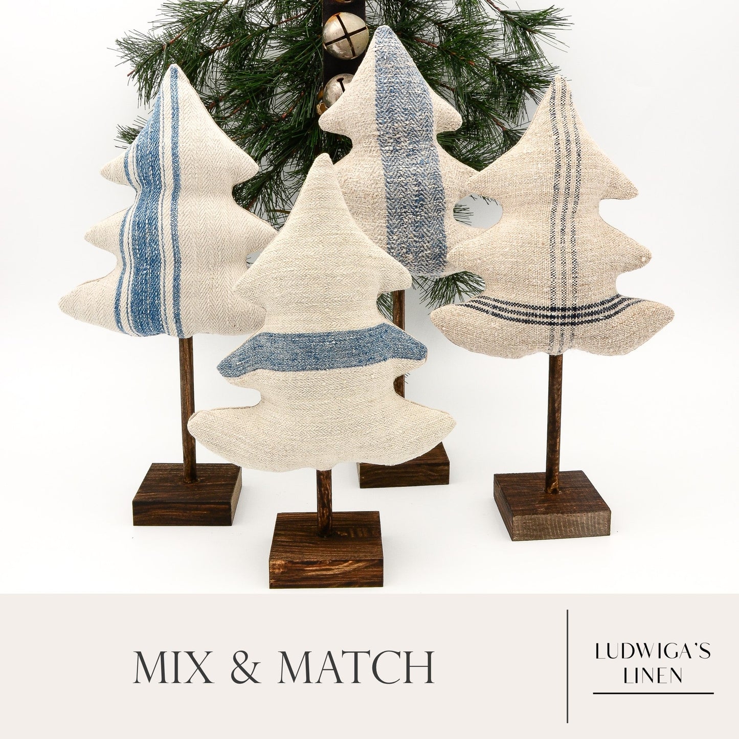 Christmas/holiday ornaments - mix and match European grain sack linen trees, each on a dark brown stained wooden stand