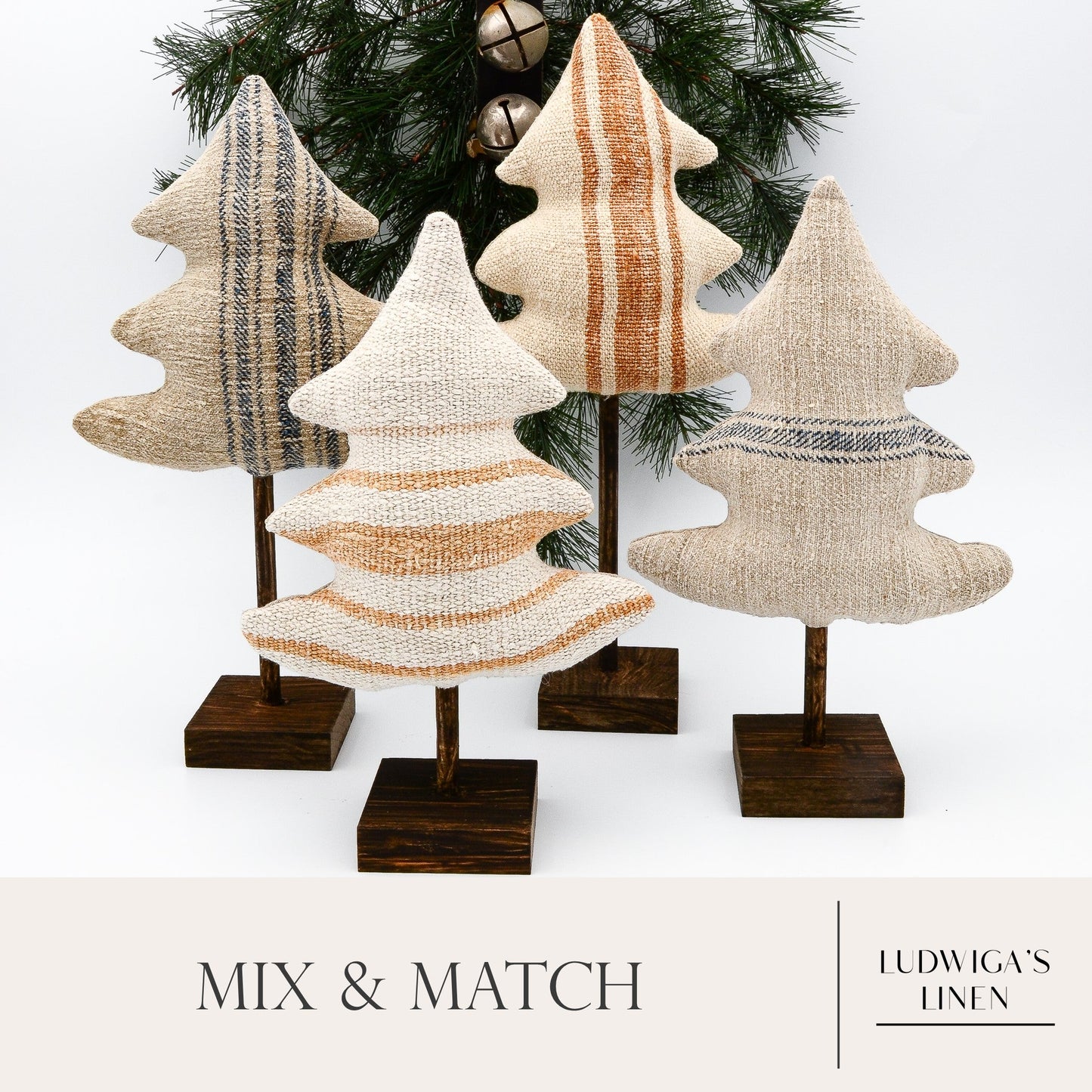 Christmas/holiday ornaments - mix and match European grain sack linen trees, each on a dark brown stained wooden stand