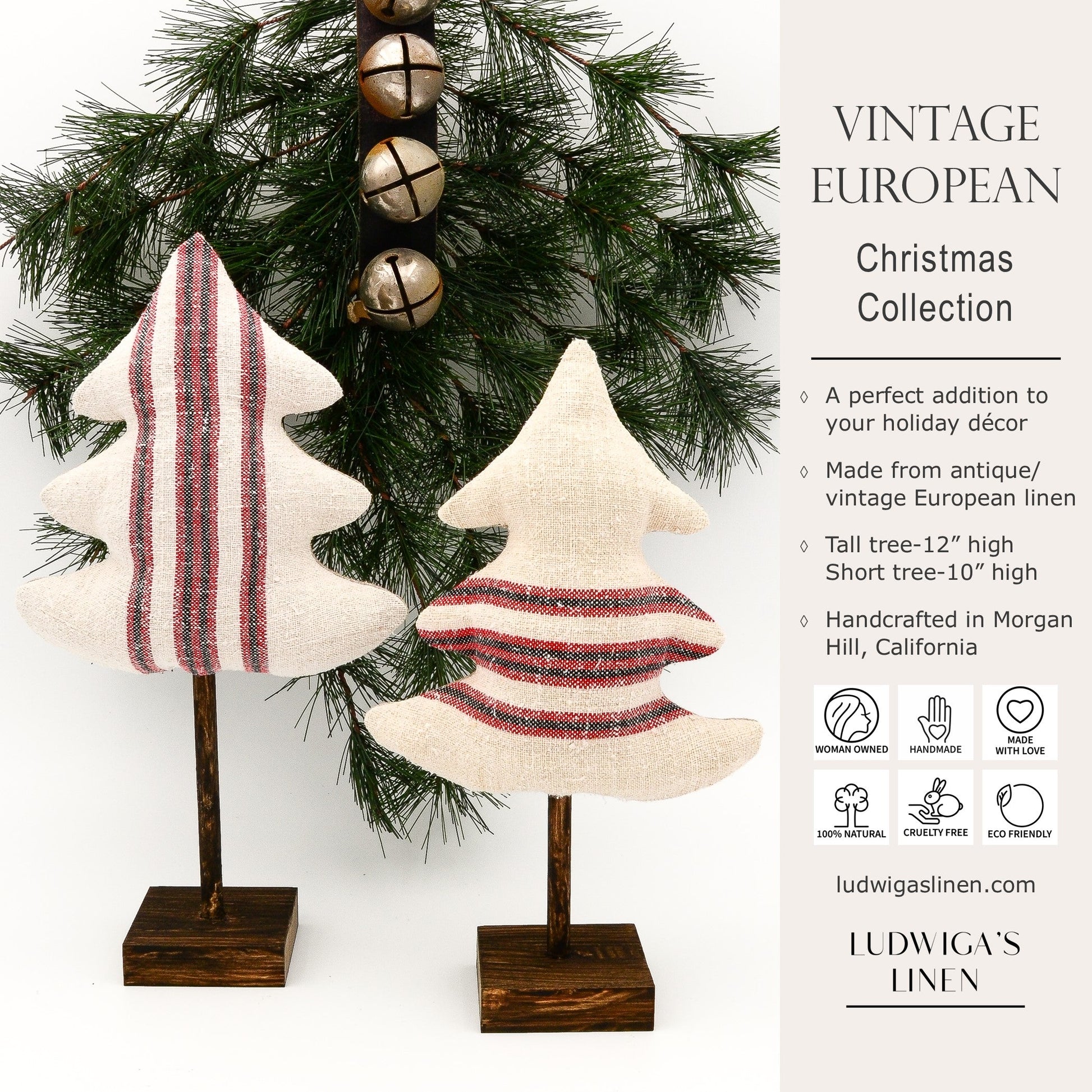 Christmas/holiday ornament - two antique European grain sack linen trees, each on a dark brown stained wooden stand