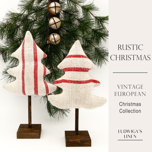 Christmas/holiday ornament - two antique European grain sack linen trees, each on a dark brown stained wooden stand
