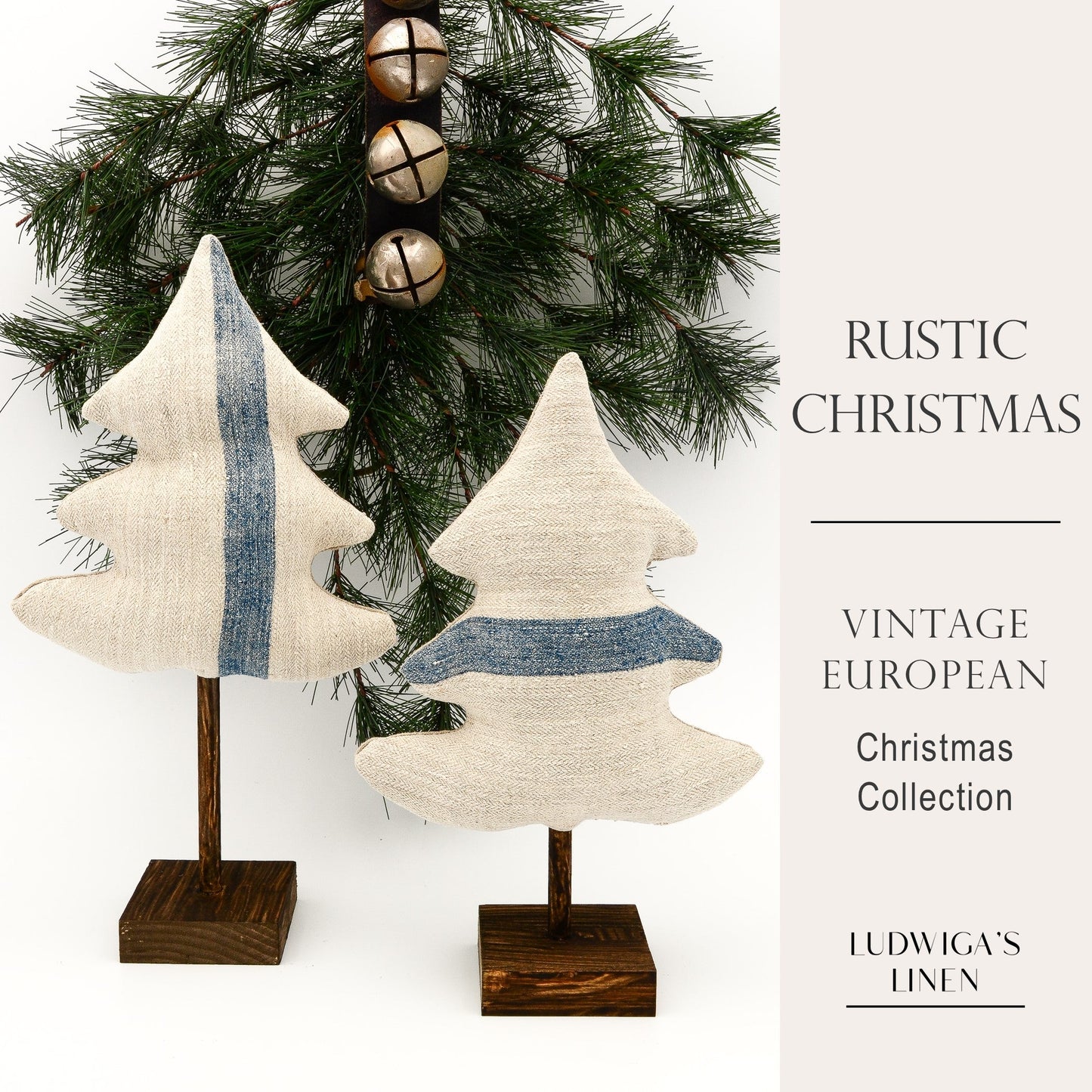 Christmas/holiday ornament - two antique European grain sack linen trees, each on a dark brown stained wooden stand