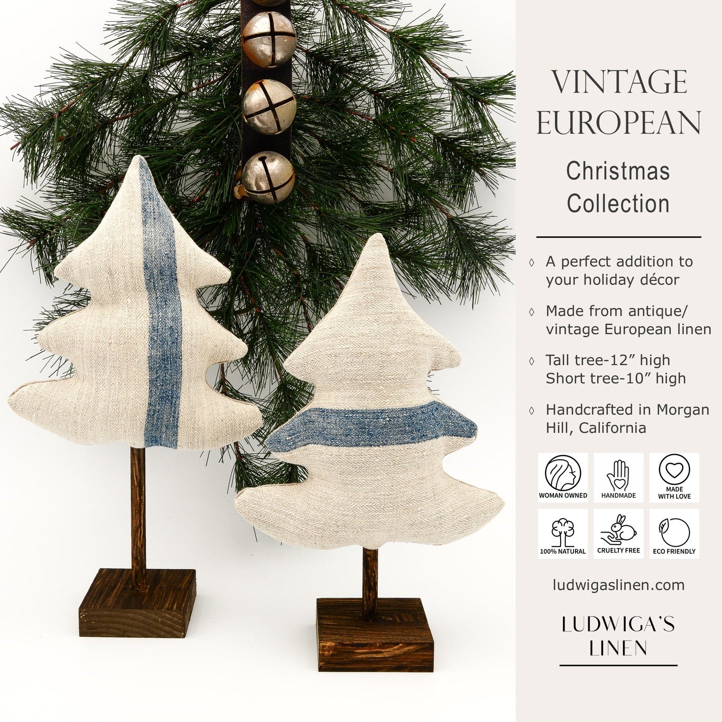 Christmas/holiday ornament - two antique European grain sack linen trees, each on a dark brown stained wooden stand