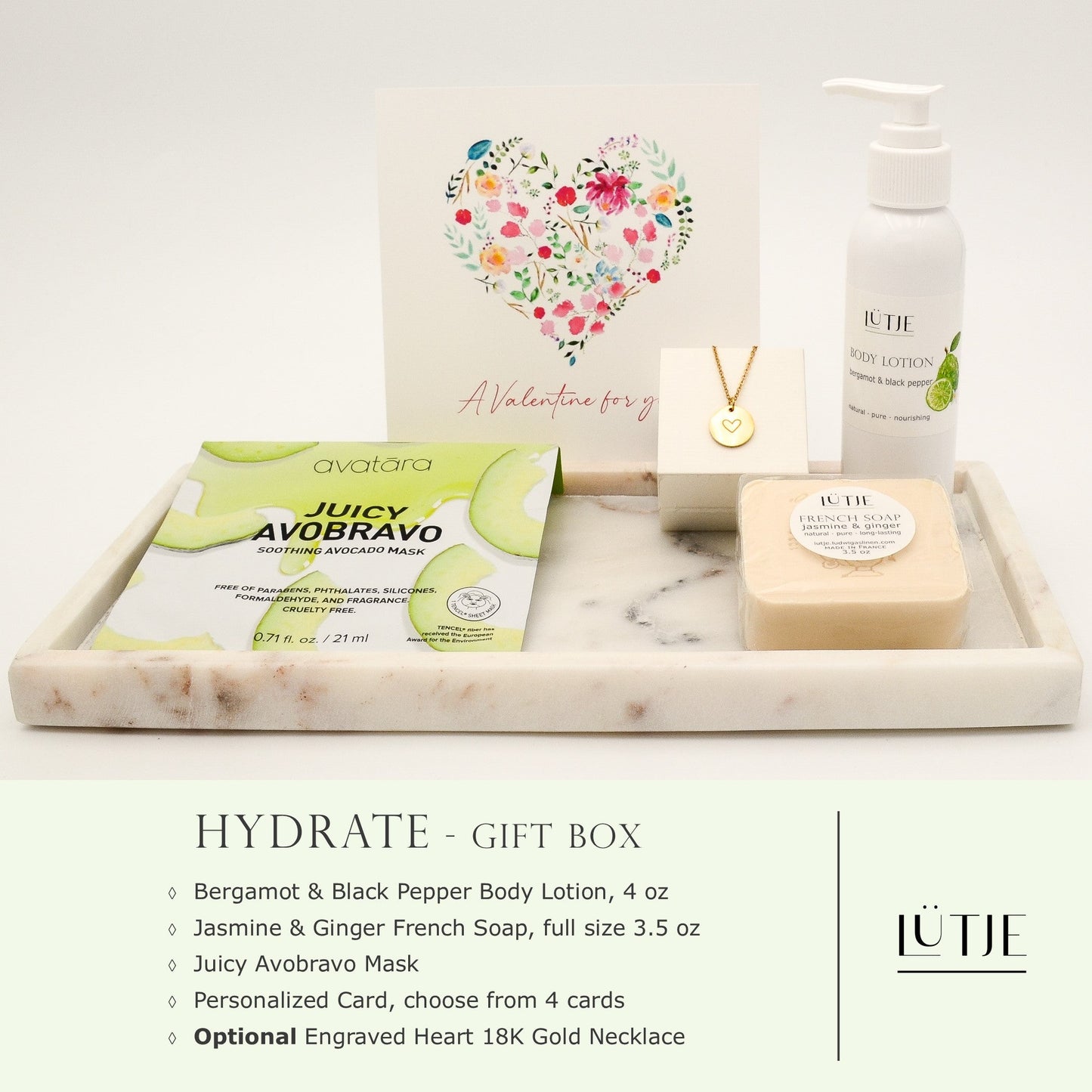 Hydrate Gift Box for women, daughter, mom, BFF, wife, sister or grandma, includes Bergamot & Black Pepper body lotion, French soap, hydrating face mask, and optional 18K gold-plated necklace with engraved heart.