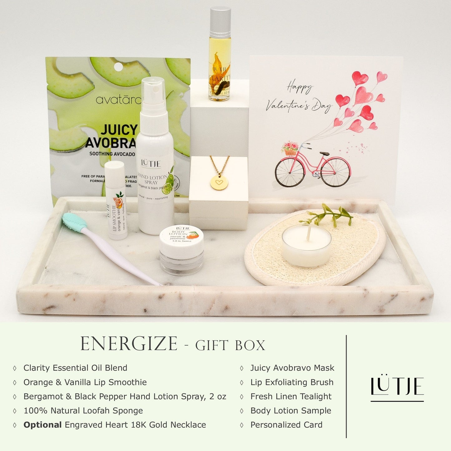 Energize Gift Box for women, BFF, wife, daughter, sister, mom, or grandma, includes Bergamot & Black Pepper hand lotion spray, essential oil, lip balm, hydrating face mask, other bath, spa and self-care items, and optional 18K gold-plated necklace with engraved heart.