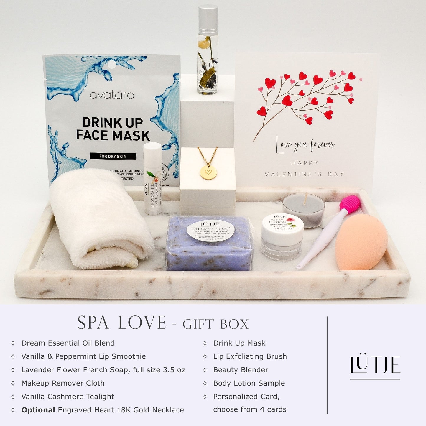 Spa Love Gift Box for women, wife, daughter, sister, mom, BFF, or grandma, includes  essential oil, French soap, lip balm, hydrating face mask, other bath, spa and self-care items, and optional 18K gold-plated necklace with engraved heart.
