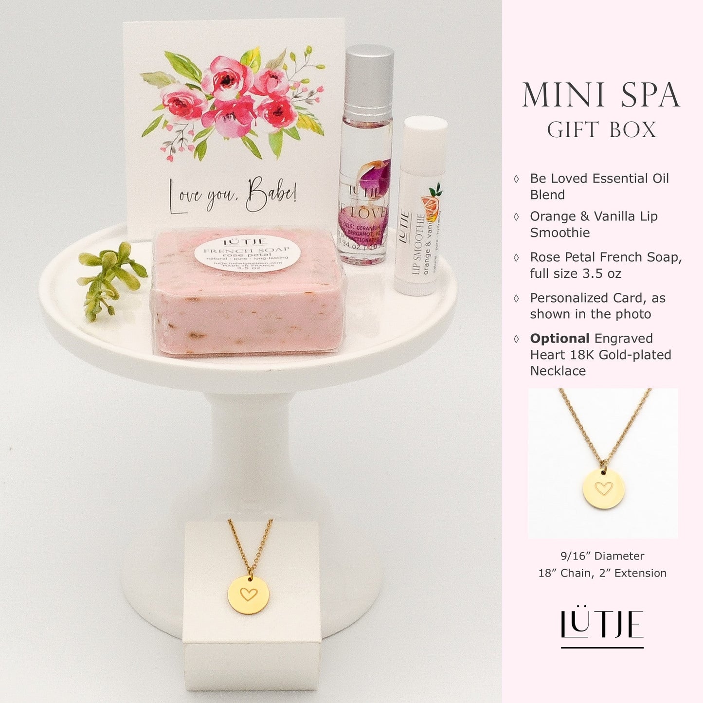 Mini Spa Gift Box for women, sister, daughter, mom, BFF, wife or grandma, includes essential oil, French soap, lip balm, and optional 18K gold-plated necklace with engraved heart.